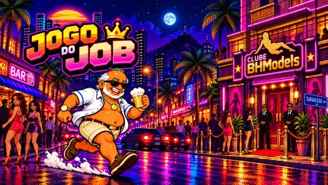 Velho da Lancha correndo e segurando uma cerveja em rua neon, com logotipo do JOGO DO JOB e fachada do Clube BHModels