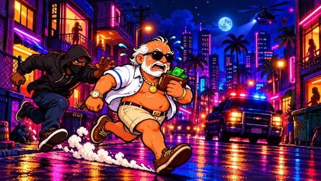 Velho da Lancha fugindo de um trombadinha em rua neon durante a noite