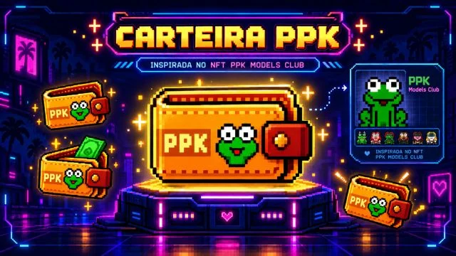 Carteira PPK em pixel art inspirada no NFT PPK Models Club, com personagem de sapinho verde