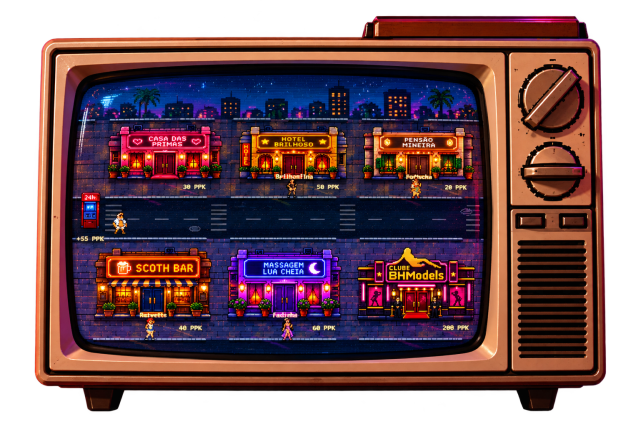 Televisão retrô com o mapa real do JOGO DO JOB: seis estabelecimentos iluminados à noite